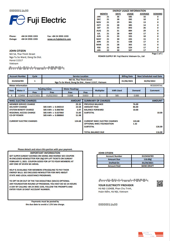 Vietnam Fuji Electric Vietnam Co. utility bill template in Word format
